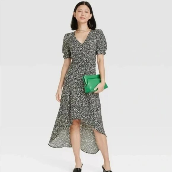 NEW! Vintage-Style Crepe Short Sleeve Midi Dress, Green Floral - A New Day - Picture 1 of 10